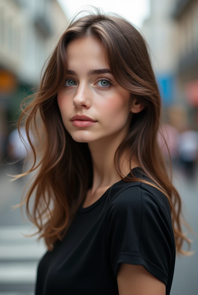 fille . Brown Hair Color with a Pretty Face., yeux bleus parfaits. Taille du corps B. fille, Brown Hair Color with a Pretty Face., porter un haut noir tout en s&#39;la fille de balade dans la rue, very detailed, visage innocent, yeux bleus parfaits. Taille du corps B. natural hair. shot with Canon, 85mm, High Definition Quality, 8k, young female, 26 ans. head of&#39;artwork, photo realistic, intricate details, photo brute, ultra detailed