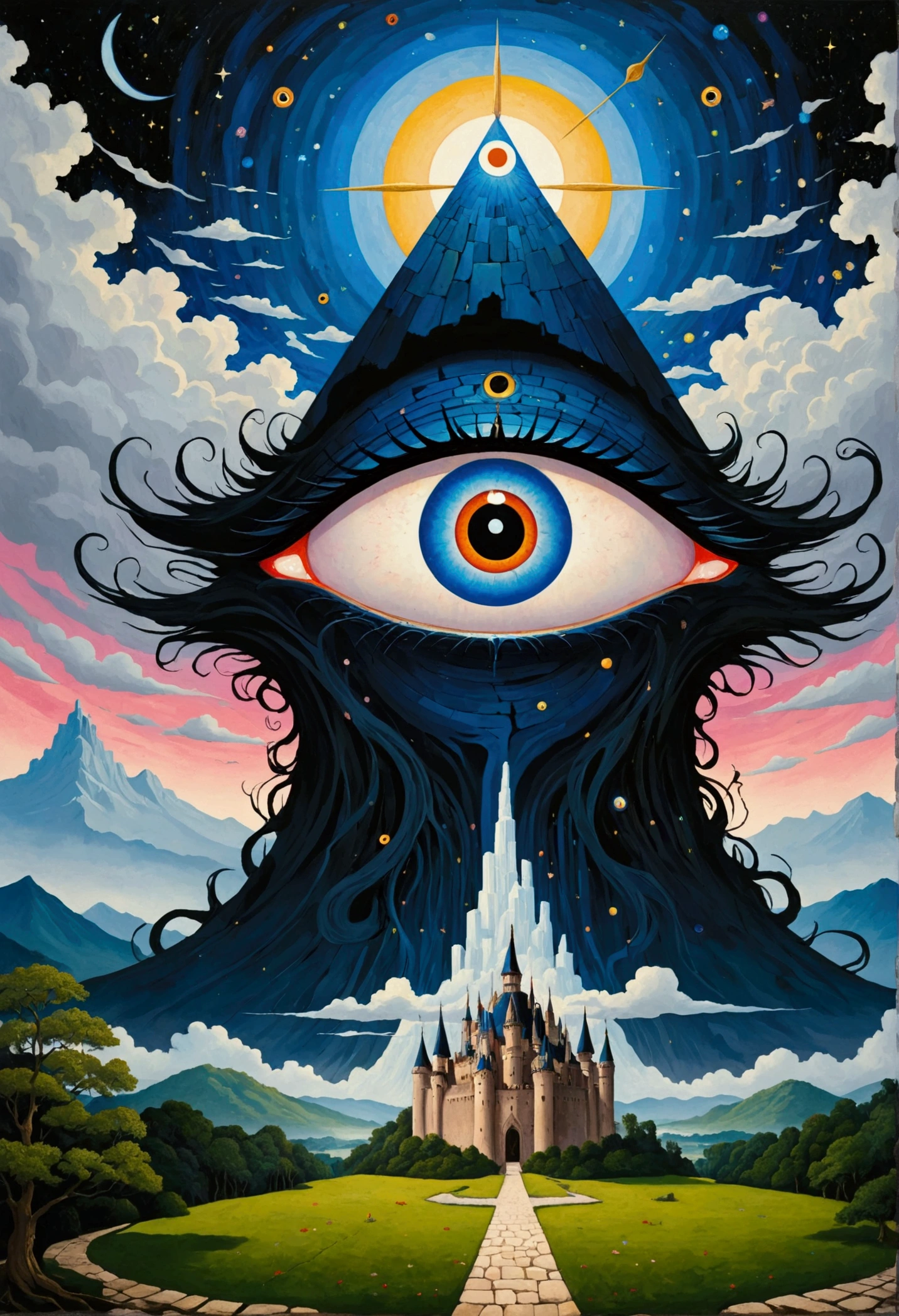 There is a big eye in the painting，There is a castle in the background, Surrealism inspired by Nagai Hiroshi, Winner of the Behance competition, Minimalism, Portrait of a mysterious giant eye, All-Seeing Eye, Third Eye Vision, Fred Tomaselli, Paul Lafley, Fantasy painting, Mysterious eyes, The Third Eye, Highly detailed fantasy art, Mysterious Eye