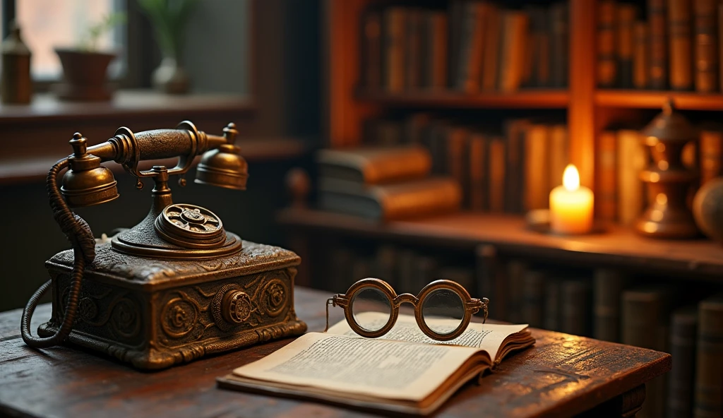 There is a candle and some vintage items on the table,Vintage telephone、magnifier、Glasses Alchemist Library Background, Magic Library, Exquisitely detailed miniature model, ancient library, Detailed scenery —width 672, High Detail photo, Small Library, Fantasy Alchemist's Laboratory, High Detail), gothic library, Ultra-detailed pictures, The wizard's apothecary, Gothic Epic Library, Magician's Chamber