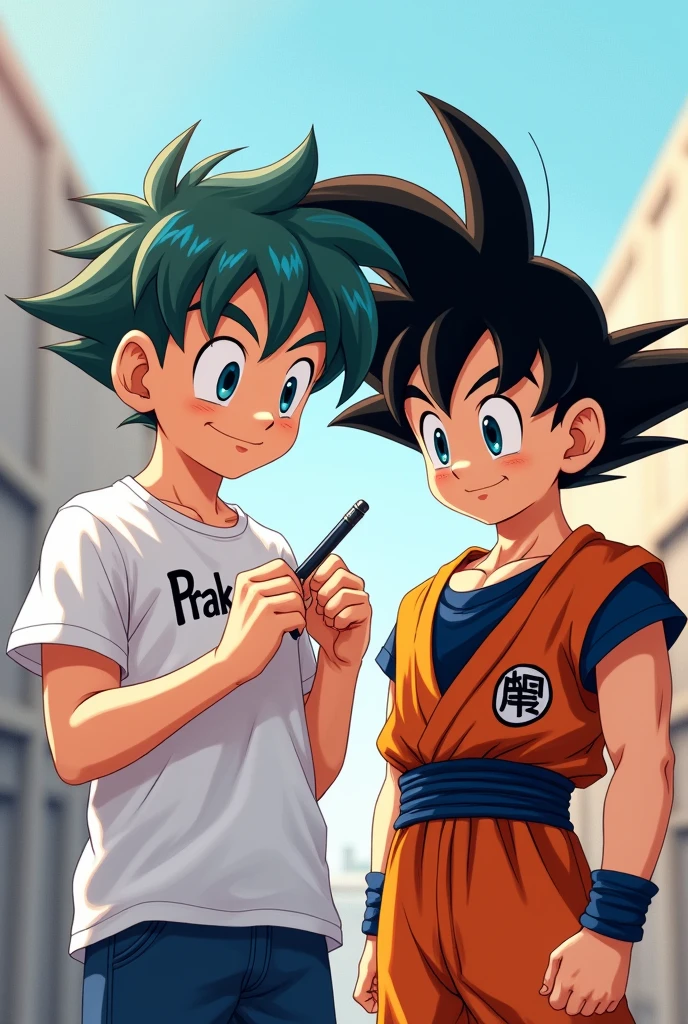 ek ladka Jo anime character ki tarah dikhta hai uski tshirt ke aage Prakash Naam likh raha hai aur use ladke ke sath goku khada hai