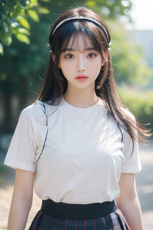 ((SFW: 1.4)), ((Detailed face, professional photography)), ((SFW, headband, t-shirt, ruffled skirt, 1 girl)), super high resolution, (actual : 1.4), Original photo, Best quality, (Photo actual Stick), Focus, Soft light, (()), ((Japanese)), (( (Young face))), (Surface ), (depth of field), masterpiece, (actual), lady, bangs, ((1 girl)) logo hair holding a gaming headpone