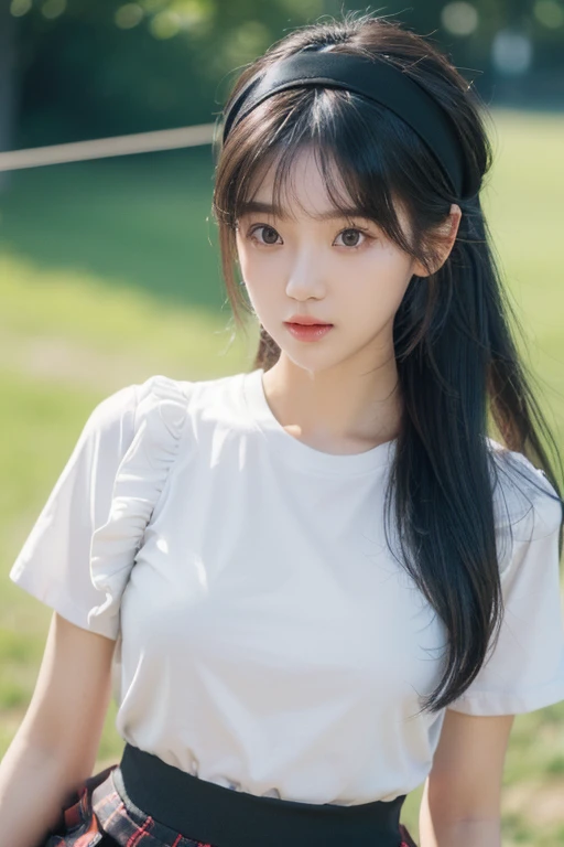 ((SFW: 1.4)), ((Detailed face, professional photography)), ((SFW, headband, t-shirt, ruffled skirt, 1 girl)), super high resolution, (actual : 1.4), Original photo, Best quality, (Photo actual Stick), Focus, Soft light, (()), ((Japanese)), (( (Young face))), (Surface ), (depth of field), masterpiece, (actual), lady, bangs, ((1 girl)) logo hair holding a gaming headpone 
