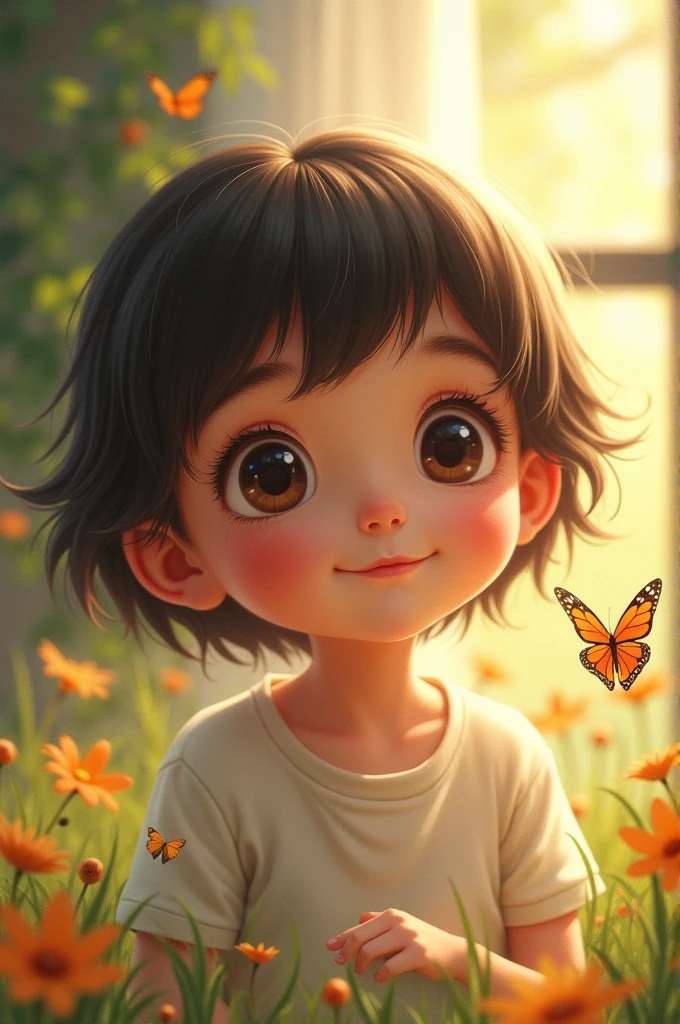 An incredibly charming little girl carrying a backpack, accompanied by her adorable puppy, enjoying a lovely spring outing surrounded by beautiful yellow flowers and natural scenery. The illustration is in high definition at 4k resolution, with highly-detailed facial features and cartoon-style visuals, (Butterfly Dance)
