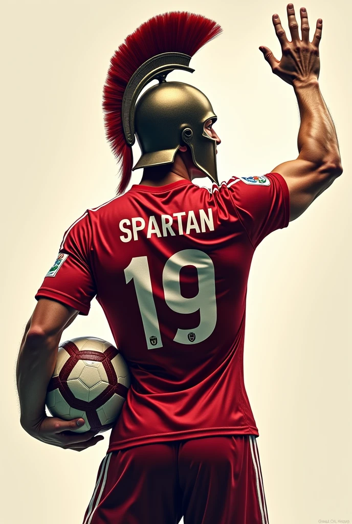 Generate Soccer farewell poster with "FAREWELL" written on top of it. A spartan turning backside with spartan helmet and football jersey with "spartan" & "19" written on its back holding ball in left hand and waving bye with his right hand.
