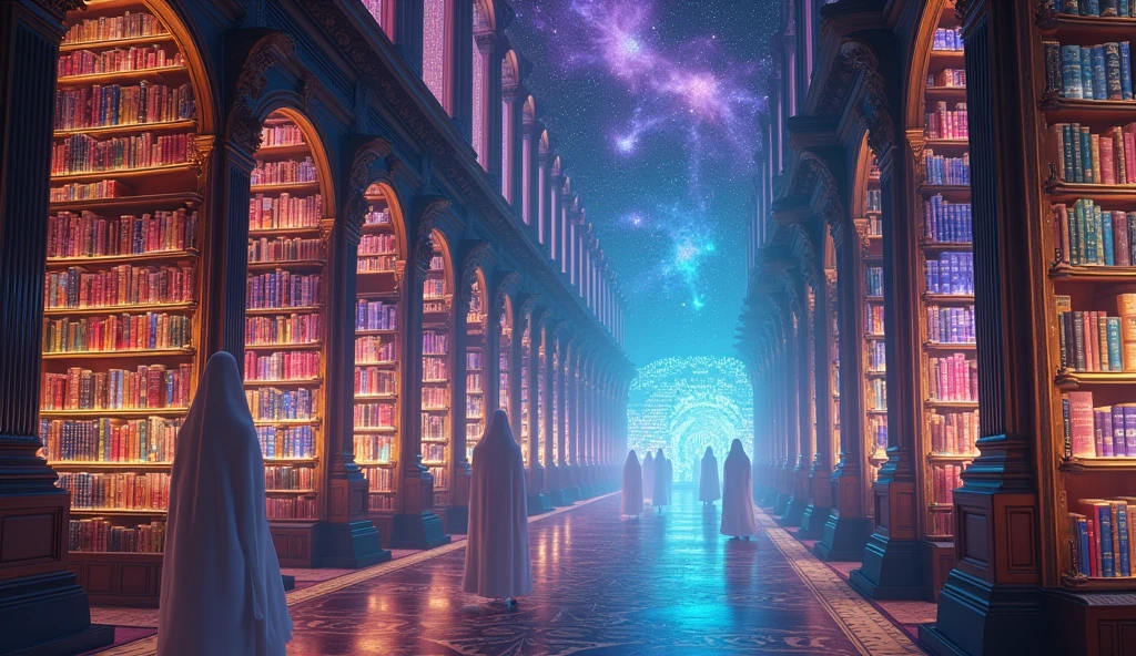 Cosmic library where each book is a portal to a different reality or state of mind with vivid color