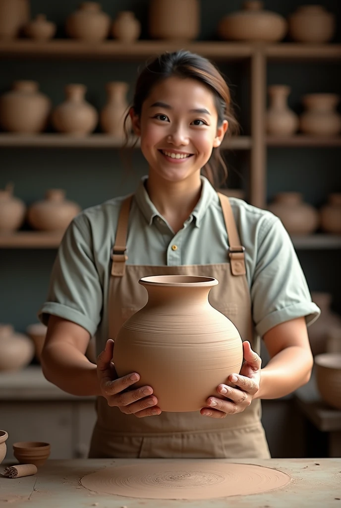 A potter proudly and satisfied presenting a finished clay vessel.