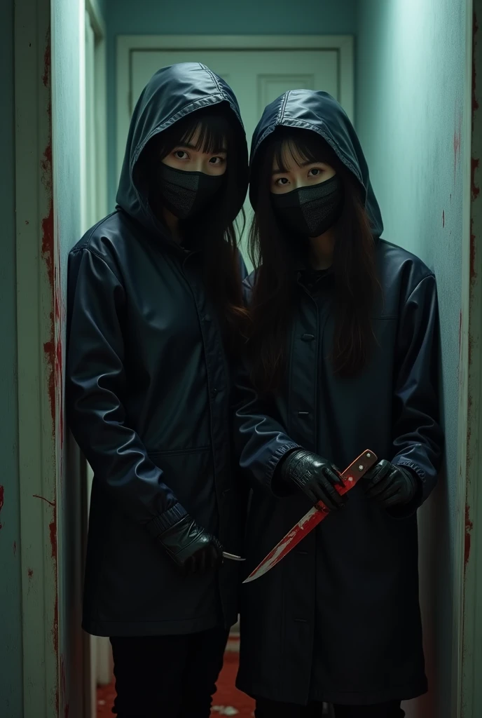 2 korean girls, (holding knife, leather balaclava mask), stabbing, black leather gloves, entrance of the house, black raincoat, girl only, bloody knife, leather gloves, looking at viewer, blood splatter, night, mass murderer, killer, blood splatter, bloody room