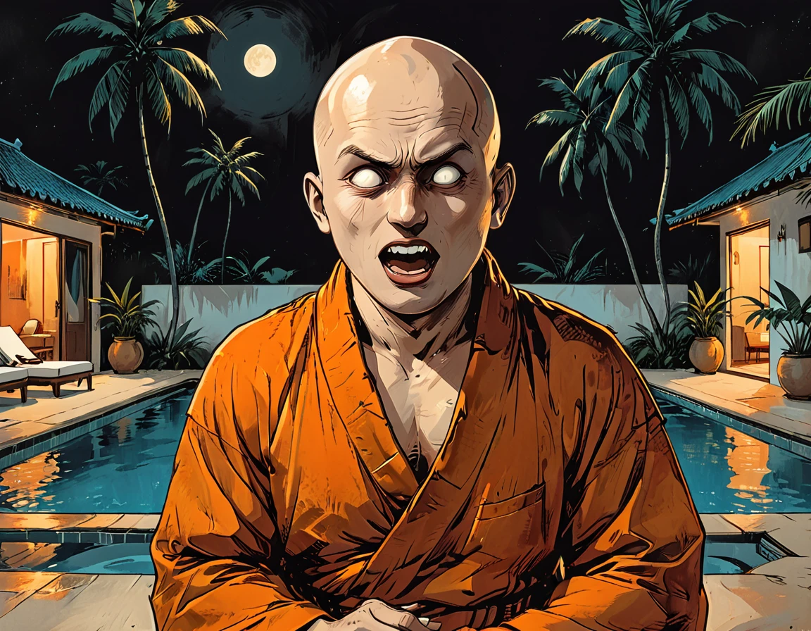 ((open mouth)),(night),portrait blind Buddhist monk sitting with open mouth next to the pool at the white hotel, tropical, palm, white hotel, pool, round face, white eyes, no eyebrows, no hair, bald, paw-eared, round cheeks, narrow lips, man, white sclera eyes, Whitewash Eyes, ((orange Kashaya)), graphic style of novel comics, perfect hands, 2d,
8k, hyperrealism, masterpiece, high resolution, best quality, ultra-detailed, super realistic, Hyperrealistic art, high-quality, ultra high res, highest detailed, lot of details, Extremely high-resolution details, incredibly lifelike, colourful, soft cinematic light,
