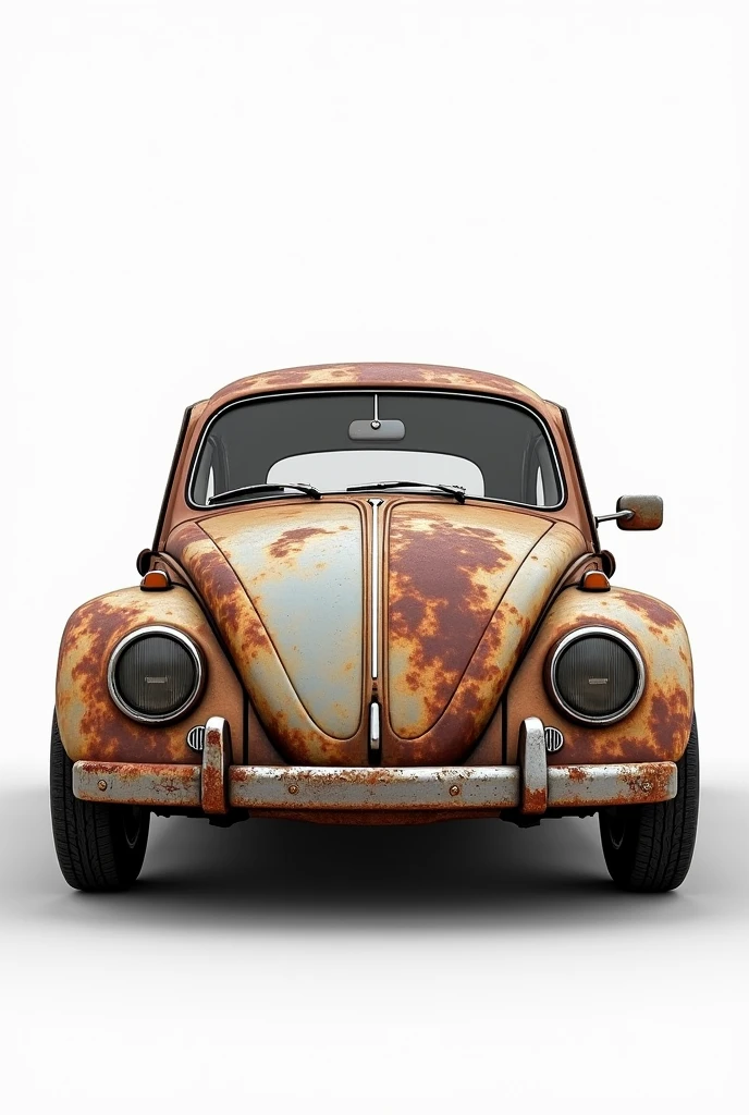 Create an old, rusty VW Beetle. The car should have a worn and aged appearance, with visible rust patches and corroded metal. The scene is set against a completely white background with no shadows. The Beetle should be fully rendered with sharp, high-quality details, emphasizing the texture of the rust and the aged surface. Ensure that the entire car is within the frame, with no parts cut off or outside the edges of the image, UHD, masterpiece, textured surface, super detailed, high quality, 8k.