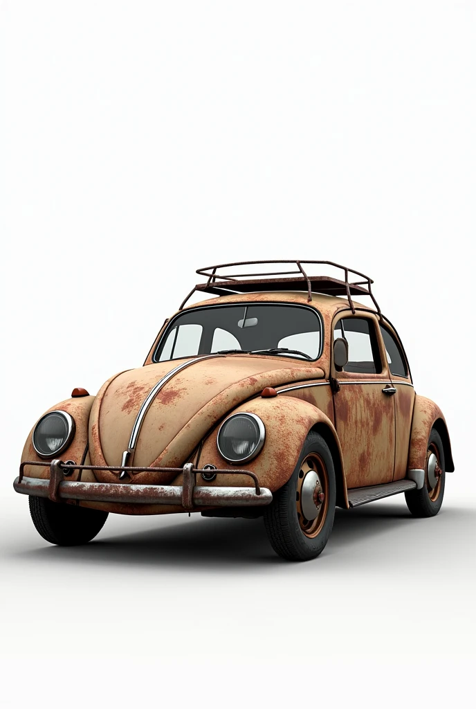 Create an old, rusty VW Beetle. The car should have a worn and aged appearance, with visible rust patches and corroded metal. The scene is set against a completely white background with no shadows. The Beetle should be fully rendered with sharp, high-quality details, emphasizing the texture of the rust and the aged surface. Ensure that the entire car is within the frame, with no parts cut off or outside the edges of the image, UHD, masterpiece, textured surface, super detailed, high quality, 8k.