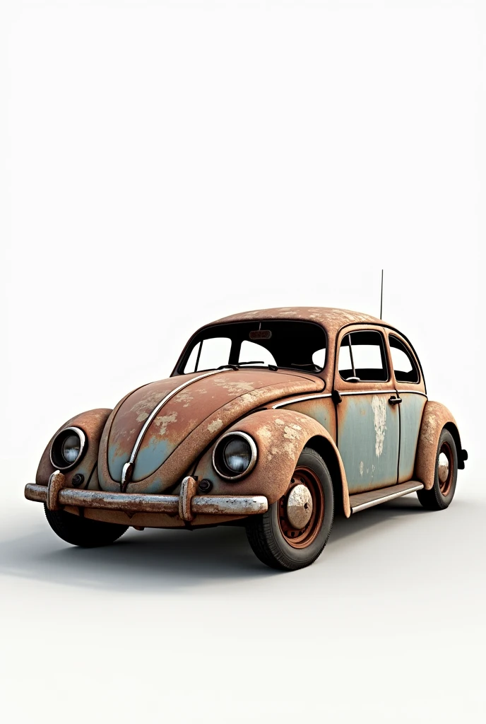 Create an old, rusty VW Beetle. The car should have a worn and aged appearance, with visible rust patches and corroded metal. The scene is set against a completely white background with no shadows. The Beetle should be fully rendered with sharp, high-quality details, emphasizing the texture of the rust and the aged surface. Ensure that the entire car is within the frame, with no parts cut off or outside the edges of the image, UHD, masterpiece, textured surface, super detailed, high quality, 8k.