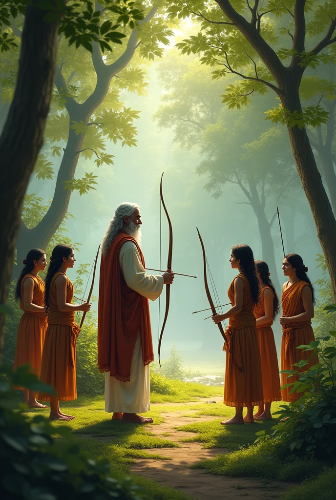 Guru dhronacharya of age 50 years with his 6-8 students teaching about bow and arrow in a forest 