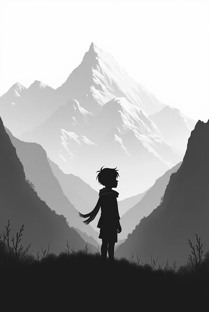 the silhouette of a child in black and white and the child has a scarf that is male and is in the mountains