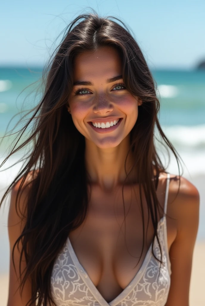 Young woman of 1 with black hair, blue eyes pretty smile and white tooth at the seaside realistic photo