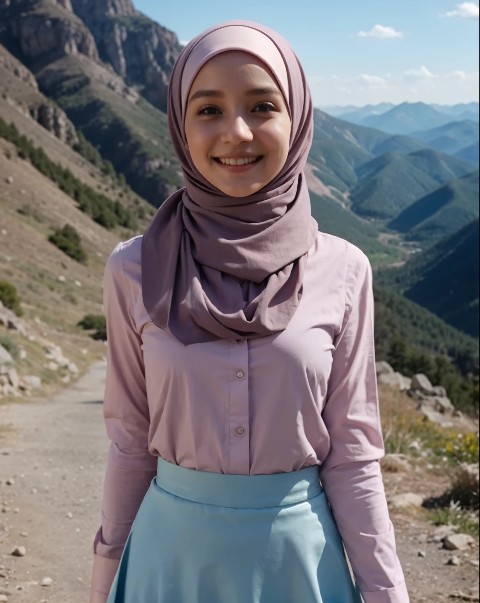 short skinny girl, pastel colored tucked shirt, long skirt, long sleeves,little cute smile, hijab, at a mountain