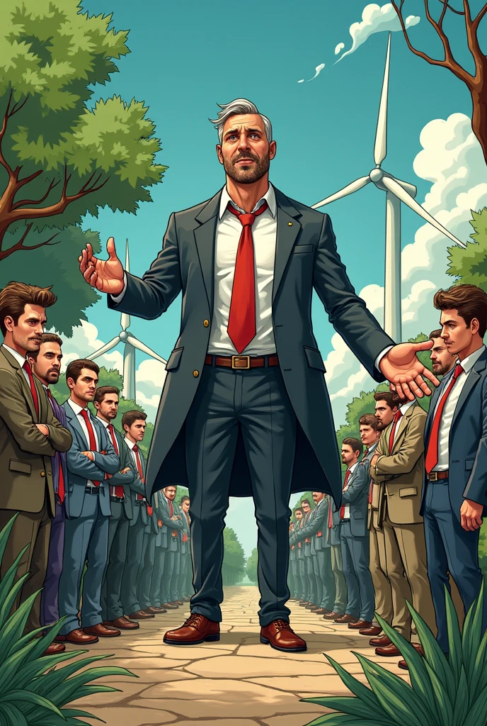 Let's create a cartoon about a historical park in Bulgaria, where the boss has an obsession with grandeur and his subordinates are ready to die for him, regardless of the fact that he manipulates them financially by taking their money, lying to them about how green energy will kill the population and nature