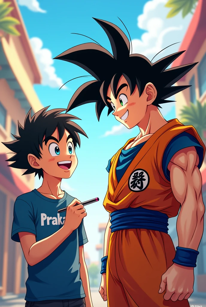 ek ladka Jo anime character ki tarah dikhta hai uski tshirt ke aage Prakash Naam likh raha hai aur use ladke ke sath goku khada hai or dono has rahe he