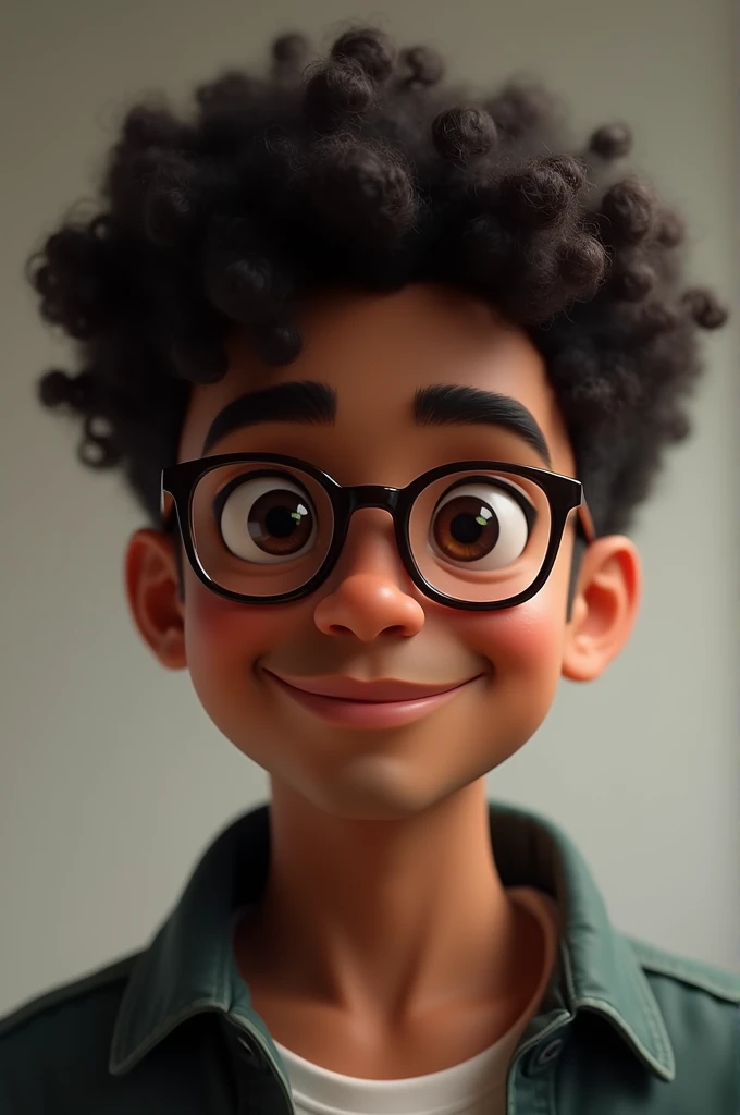 young man dark skin curly black hair brown eyes wears glasses with a slight smile 