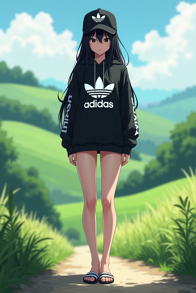 sexy tall anime girl, long black hair, wear black adidas striped slippers white and black, black eyes, barefoot, wear black adidas cap, wear black adidas hood, wear black adidas hot pants, background is countryside