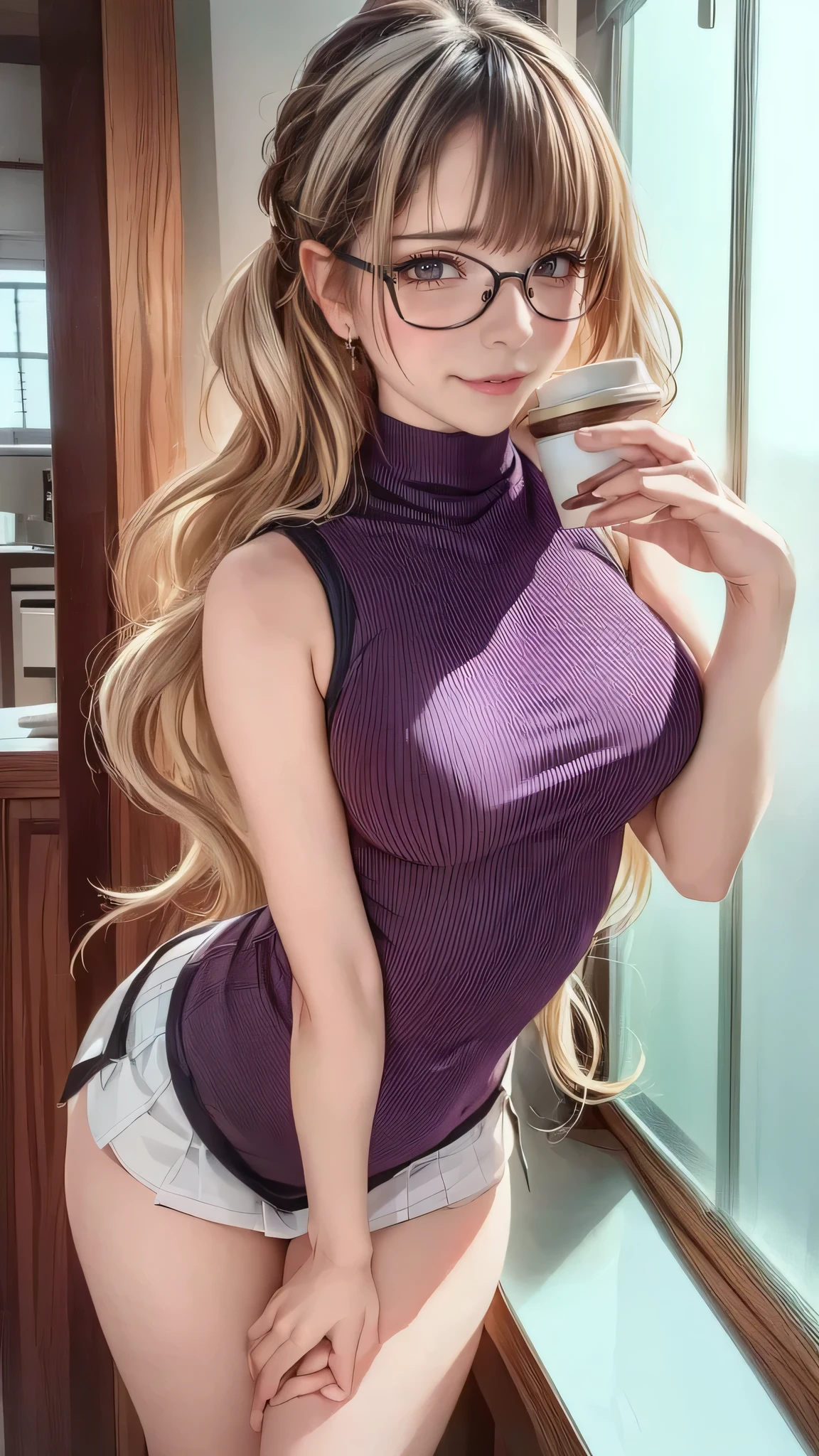 (masterpiece:1.3), high resolution, ultra detailed, extremely detailed CG unity 8k wallpaper, realistic, photo-realistic, RAW photo, beautiful detailed face, pale skin, realistic glistening skin, detailed cloth texture, detailed hair texture, Perfect body, Beautiful Face, accurate, Anatomically correct, Highly detailed face and skin texture, natural neck length, (beautiful hands), (fair skin:1.2), Thin legs, Thin feet, 
BREAK, 
Detailed eyes, symmetric eyes, Light Brown eyes, Double eyelids, Thin eyebrows, (Glossy lips:1.4), (gently smile:1.2), 
BREAK, 
(nsfw:1.1), (A Classy and Cute girl:1.3), (1 girl, one girl), ((wearing a Violet sleeveless turtleneck sweater:1.3)), (White pleated mini skirt), (long boots), (wearing glasses:1.1), 
(medium large breasts, firm abs), (slender figure firm breasts:1.2), beautiful clavicle, 
(blonde hair, wavy hair, long hair:1.2), ((asymmetrical bangs:1.2)), 
BREAK, 
((Standing by the window with holding a coffee:1.2)), (from side:1.1), (looking sideway at viewer:1.2), ((Focus on face:1.2)),
((In the modern office at Japan at morning:1.2)), (Cowboy shot:1.2),