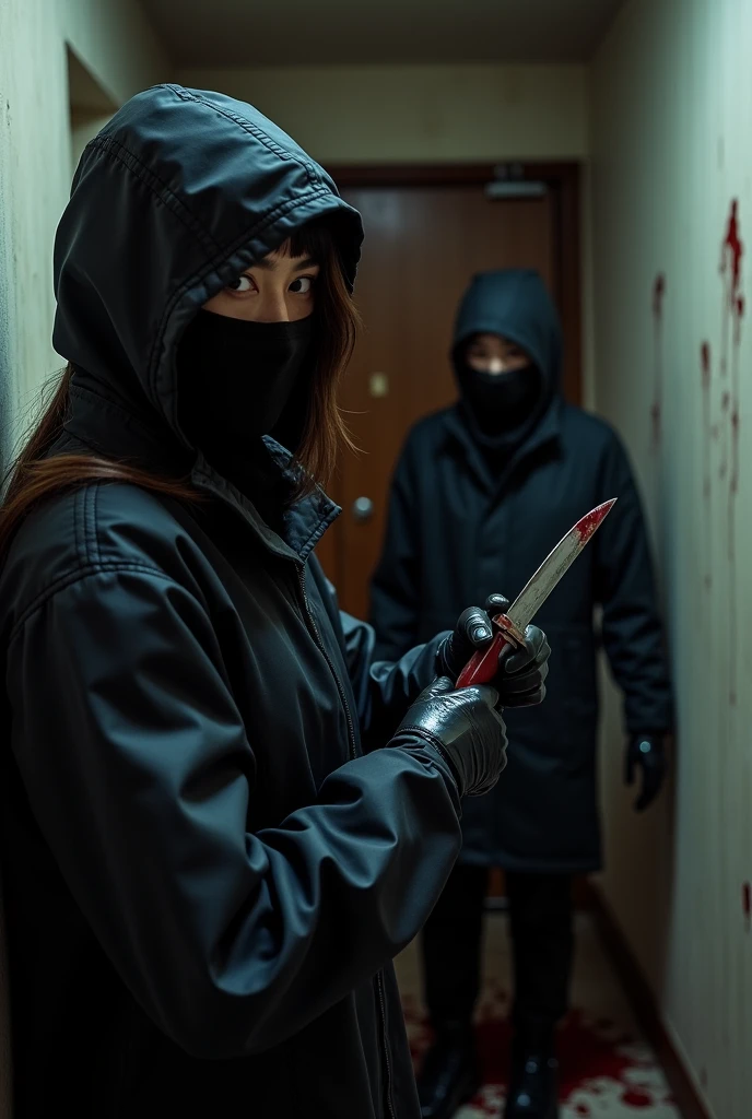 2 korean girls, (holding knife, black balaclava mask), stabbing, black leather gloves, entrance of the house, black raincoat, girl only, bloody knife, leather gloves, looking at viewer, blood splatter, night, mass murderer, killer, blood splatter, bloody room