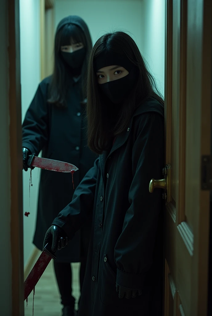 2 korean girls, (holding knife, black balaclava mask), stabbing, black leather gloves, entrance of the house, black raincoat, girl only, bloody knife, leather gloves, looking at viewer, blood splatter, night, mass murderer, killer, blood splatter, bloody room
