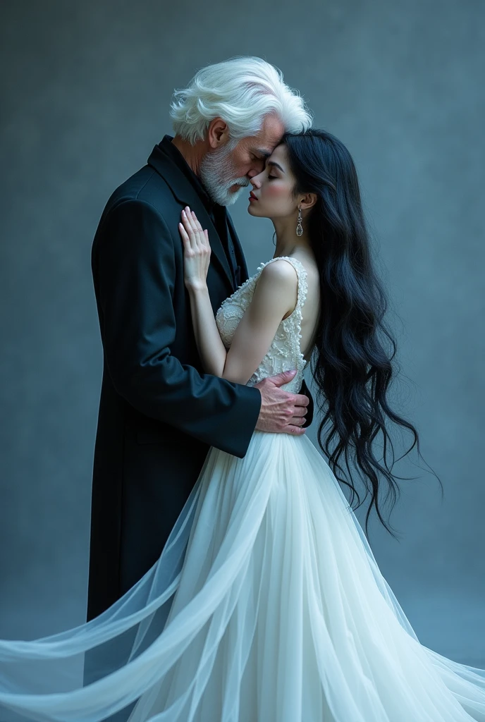 A white-haired man with no beard hugs a woman Long black hair, white body, white clothes, and both of them look at the camera, theme color picture is a blue mixed black and white