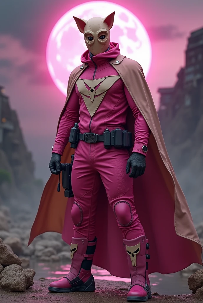 high-tech suit, vivid effects, malaysian superhero (KELUANG MAN) in a striking pink and beige costume cyberpunk design, mask small mini bat ear beige, daredevil biage mask, jumpsuit dark pink stands confidently in a dramatic, stormy landscape. ((Head covered node guard like batman , athletic body type, small mini ear bat mask))The character wears domino mask a helmet with pointed mini torn ears and a flowing cape biege, open nose and mouth. Equipped with visible futuristic weapons on a belt,bullet proof jacket pink dark day, dark night, big supermoon effect .logo on chest triangle shape small punisher logo center triangle cyber logo center on chest pink logo mini logo . rocky. Building top. , adding to --ar 3:4 --style raw --stylize 500 --v 6.1