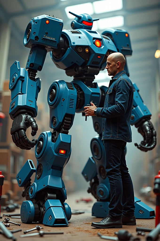 Robot making a big robot with serious and the robot is half completed and it is blue and black and red colour