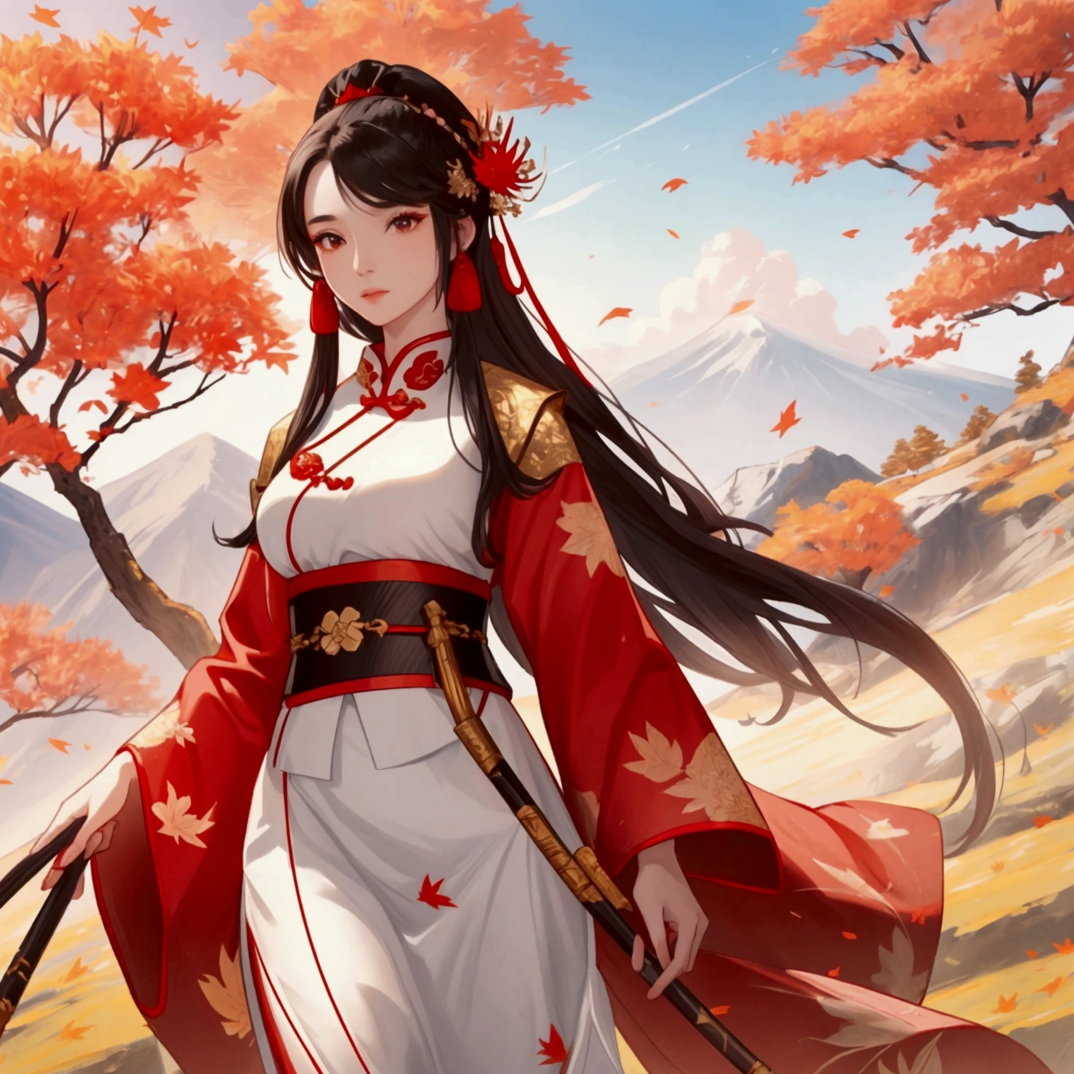 A beautiful female general holding a big spear in white ancient Chinese general costume, walking In the middle of a spring mountain ,the backdrop is a mountain that turns red in spring, and maple leaves fall from the trees. The sun shines and the sun rises, close up.