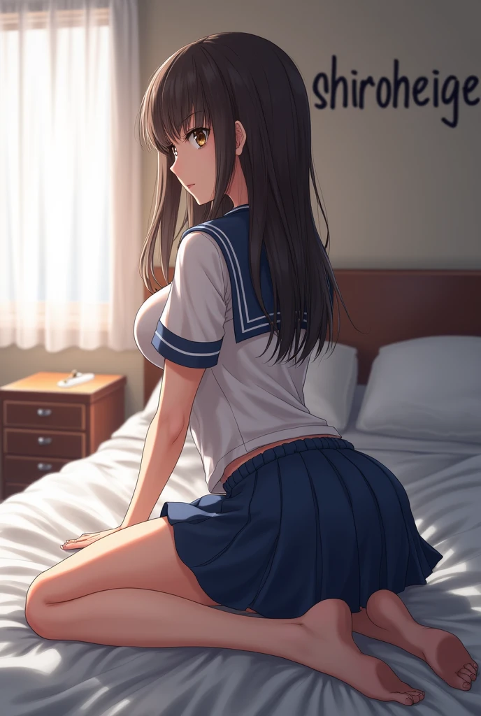 Looking back, photo taken from above with the whole body wet with white liquid, NSFW, on the bed, boyfriend's girlfriend from behind, black hair woman with long hair,, yogurt all over her body, embarrassment, looking away, embarrassment, T-back, panty shot, digging panties, school uniform, white shirt, dark blue jacket, dark blue skirt, brown eyes