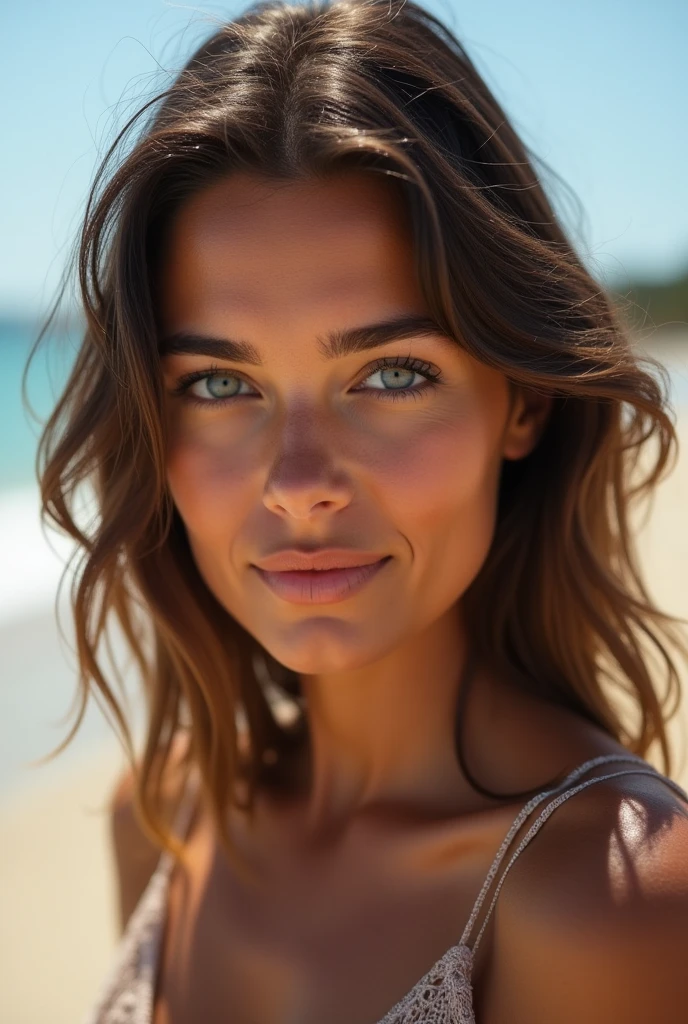 Ritratto foto Ultra réaliste d'une femme Brune sur la Plage, Européenne, Yeux Bleus Clairs, Sans Maquillage, Minutieux et détaillé, très détailé, 4K, Haute résolution, Photographie primée