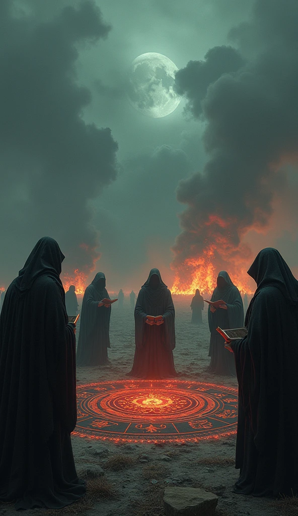 An apocalyptic scenario, satanic ritual around a magic circle, witches burning in the background and some wizards around the circle