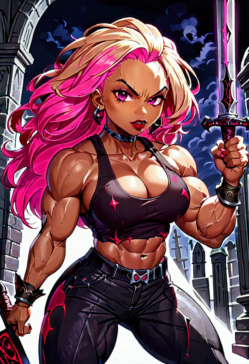 (((((Massive, beautiful, light brown skinned, buff, muscular female vampire slayer with shocking pink hair, black lipstick, ginormous bulky muscles, brandishing an ancient sword and wearing a tight tank top and tight denim pants))))), (close view), (massive muscles), massive biceps, hyper muscle shoulders, vascular shoulders, hyper muscle triceps, (angled bob cut), red eyes, (gauntlets), denim pants, chain belt, choker, thigh high heels, (in a moonlit graveyard), fingerless gloves, closed smile, night, hyper vascular arm, hyper muscles arms, hyper muscle legs, massive arms.