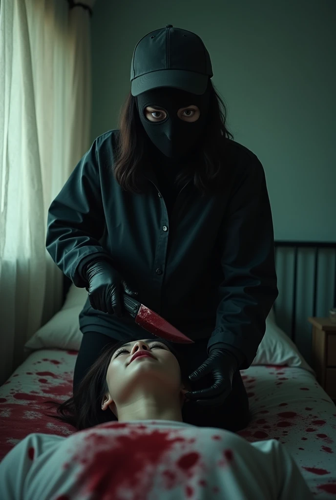 korean girl, (behind stiff, holding knife), stabbing, black balaclava mask, black gloves, cute room, black raincoat, trucker hat, bloody knife, black gloves, woman on top, behind cadaver, blood splatter, on the bed, looking at viewer, mass murderer, killer, blood splatter, dark atmosphere, cinematic lighting, atmospheric realistic, light from the window,
