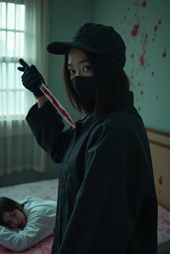 korean girl, (behind stiff, holding knife), stabbing, black balaclava mask, black gloves, cute room, black raincoat, trucker hat, bloody knife, black gloves, woman on top, behind cadaver, blood splatter, on the bed, looking at viewer, mass murderer, killer, blood splatter, dark atmosphere, cinematic lighting, atmospheric realistic, light from the window,
