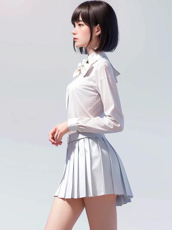 (masterpiece、Highest quality:1.7)、(:1.5)、(Above the knee side shot:1.7)、Bobcut、Black Hair、85mm、16K、Official Art、RAW Photos、Best Beautiful Faces、Close-up、Violet、Gardenia、((The best beautiful girl、very cute))、Red blush on cheeks、indoor、(Standing in profile:1.8)、Film Grain、Chromatic Aberration、Sharp Focus、(((Nice hands、Perfect hands、Perfect Fingers、Thin and delicate fingers、A perfect body without flaws)))、Detailed face、(Slender body:1.5)、(Slender body:1.4)、(Slim upper body:1.4)、(Small and flat bust:1.7)、(Let your bangs hang down:1.8)、(Blushing:1.8)、(Low contrast lighting:1.2)、(White tight business blouse with collar:1.5)、(White bow tie blouse:1.4)、(Long sleeve: 1.3)、(A very short white pleated mini skirt:1.8),(Holding his chest with his palm:1.5)、(Low angle from below:1.6),(The skirt is rolling up:1.7)