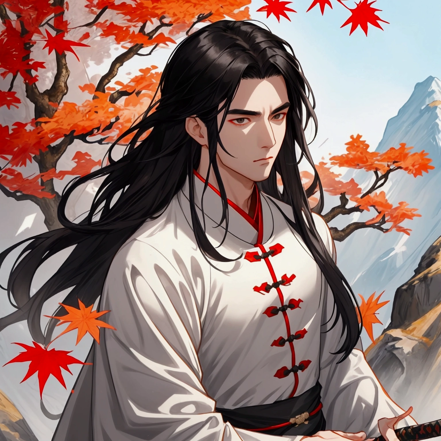 Handsome black-haired male general holding a large sword in white ancient Chinese general costume, walking In the middle of a spring mountain ,the backdrop is a mountain that turns red in spring, and maple leaves fall from the trees. The sun shines and the sun rises, close up.