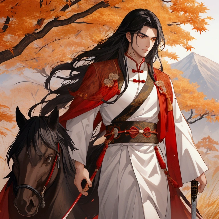 Handsome black-haired male general holding a large sword in white ancient Chinese general costume, walking In the middle of a spring mountain ,the backdrop is a mountain that turns red in spring, and maple leaves fall from the trees. The sun shines and the sun rises, close up.