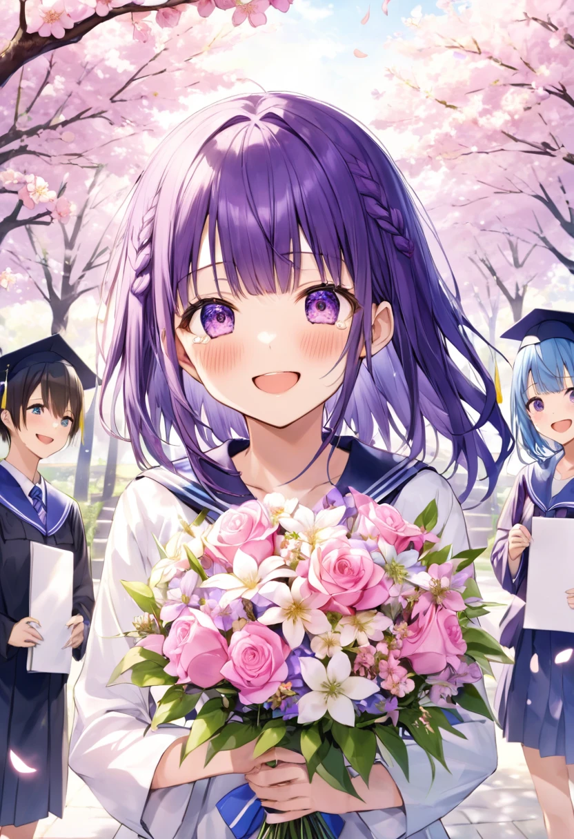 Minato Akua,Hololive,Purple Hair,Blue Hair,Purple eyes,bouquet、tears、smile、be happy、farewell、cherry blossoms、Graduation Ceremony、Hololiveメンバーに囲まれる