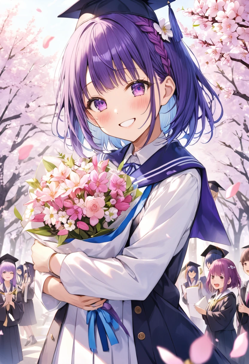 Minato Akua,Hololive,Purple Hair,Blue Hair,Purple eyes,bouquet、tears、smile、be happy、farewell、cherry blossoms、Graduation Ceremony、Hololiveメンバーに囲まれる