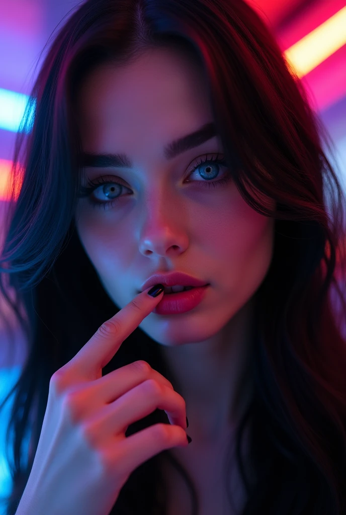 Close-up image, an extremely beautiful woman with very blue eyes, long jet black hair, full lips, small nose, very beautiful, In a VIP bar, phosphorescent lights in the background, with a finger on his lips, dressed in a black top, very beautiful