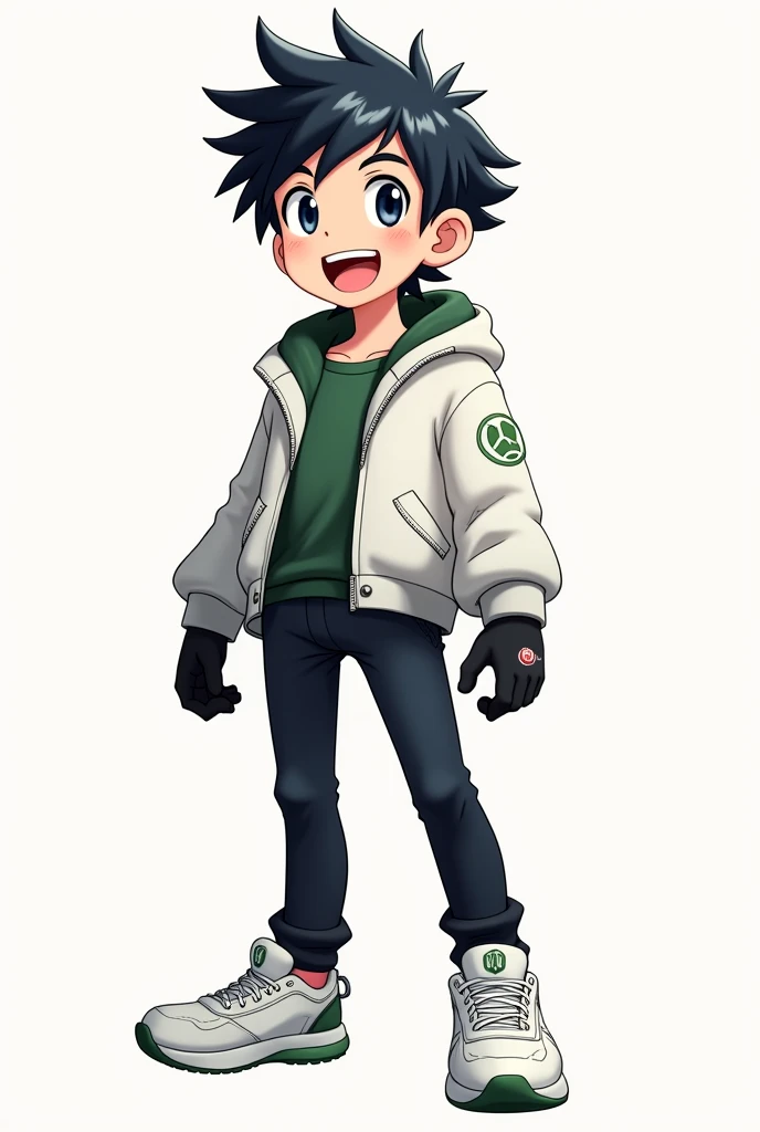 A male age character With slightly long black hair that is a little spiky with the hair slightly shading his face., navy blue eyes, happy, Jaketa White jacket, black pants, white sneakers with green, and with black gloves.