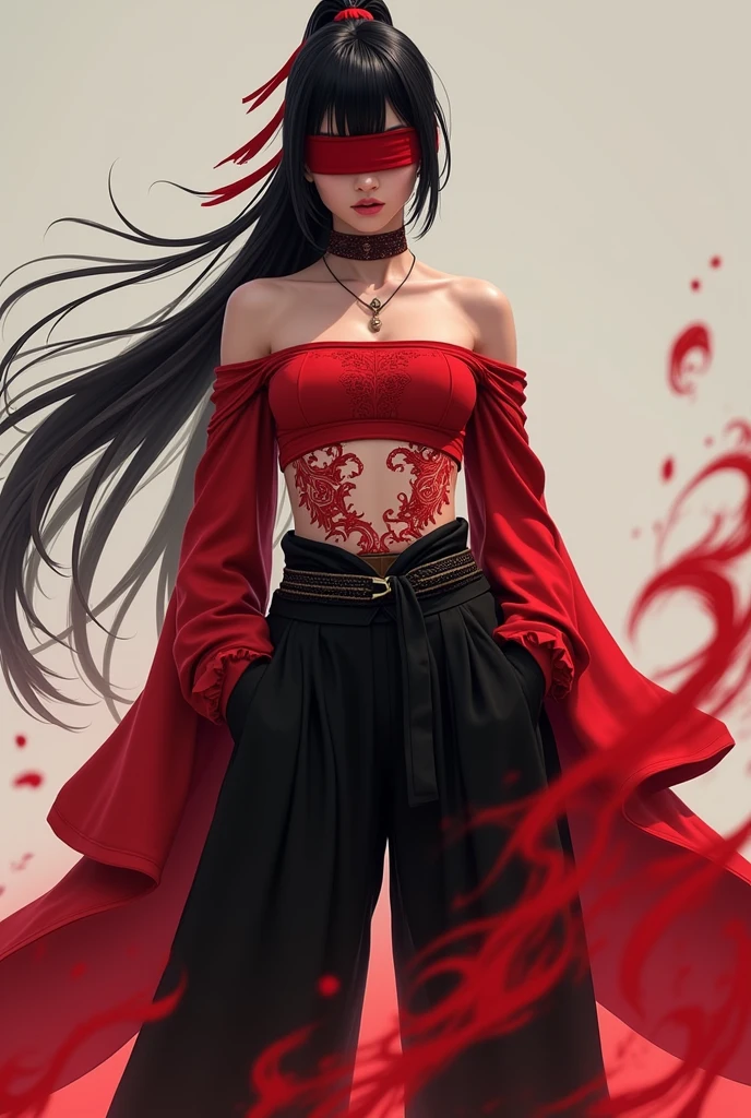 A character dressed in a striking red and black outfit stands confidently. The attire features an off-the-shoulder top and loose trousers, accentuated with a wide belt. The character has long, dark hair styled with bangs and a ponytail, along with a blindfold covering the eyes. The torso displays intricate red patterns, enhancing the fierce appearance. The background is a soft, neutral tone that emphasizes the character's vibrant costume. Text below indicates the Scarlet Flame Bund, suggesting it's part of a cosmetics set.