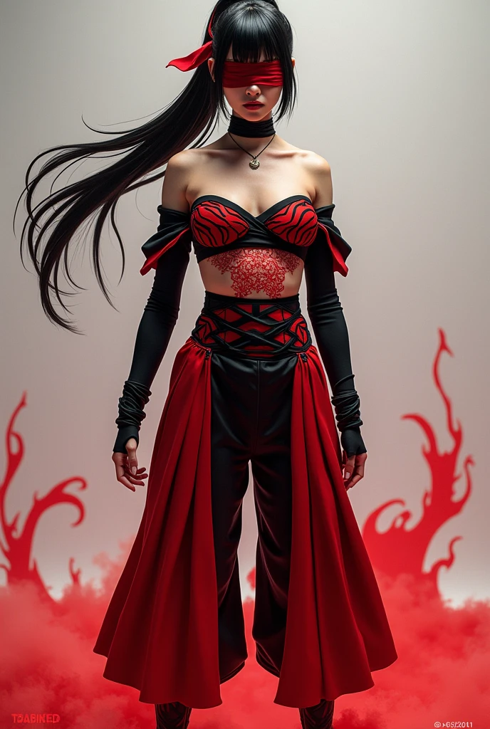 A character dressed in a striking red and black outfit stands confidently. The attire features an off-the-shoulder top and loose trousers, accentuated with a wide belt. The character has long, dark hair styled with bangs and a ponytail, along with a blindfold covering the eyes. The torso displays intricate red patterns, enhancing the fierce appearance. The background is a soft, neutral tone that emphasizes the character's vibrant costume. Text below indicates the Scarlet Flame Bund, suggesting it's part of a cosmetics set.
