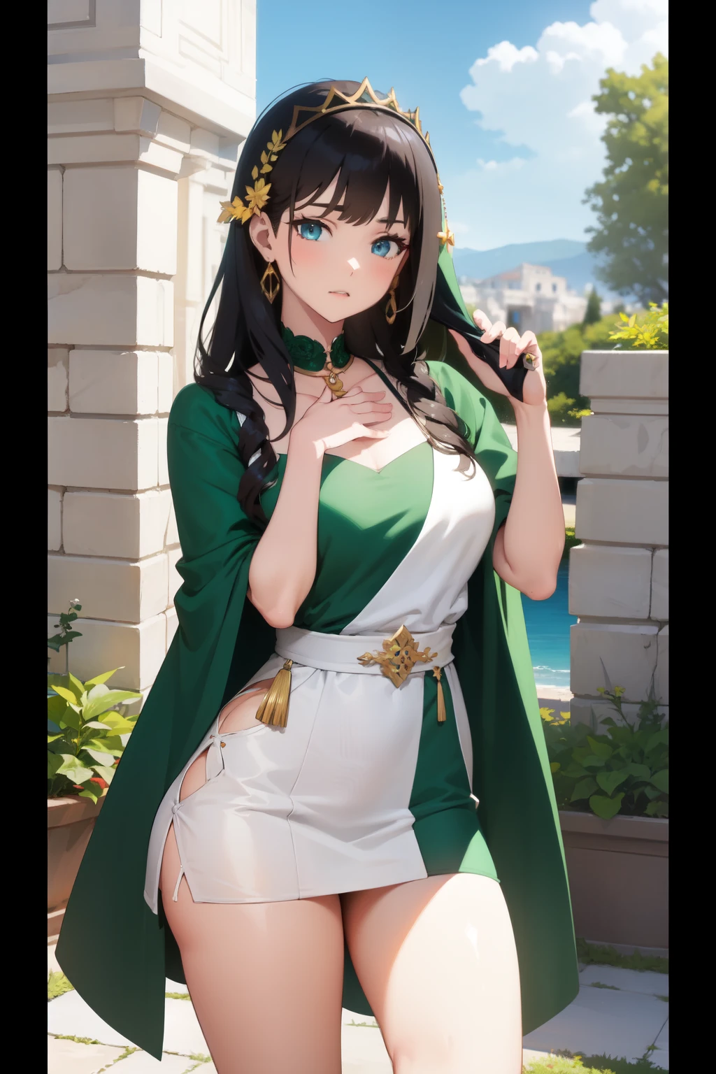 queen of ancient greece, com 25 anos de idade, with ancient Greek clothing in green, Bblack hair, ((アニメ))