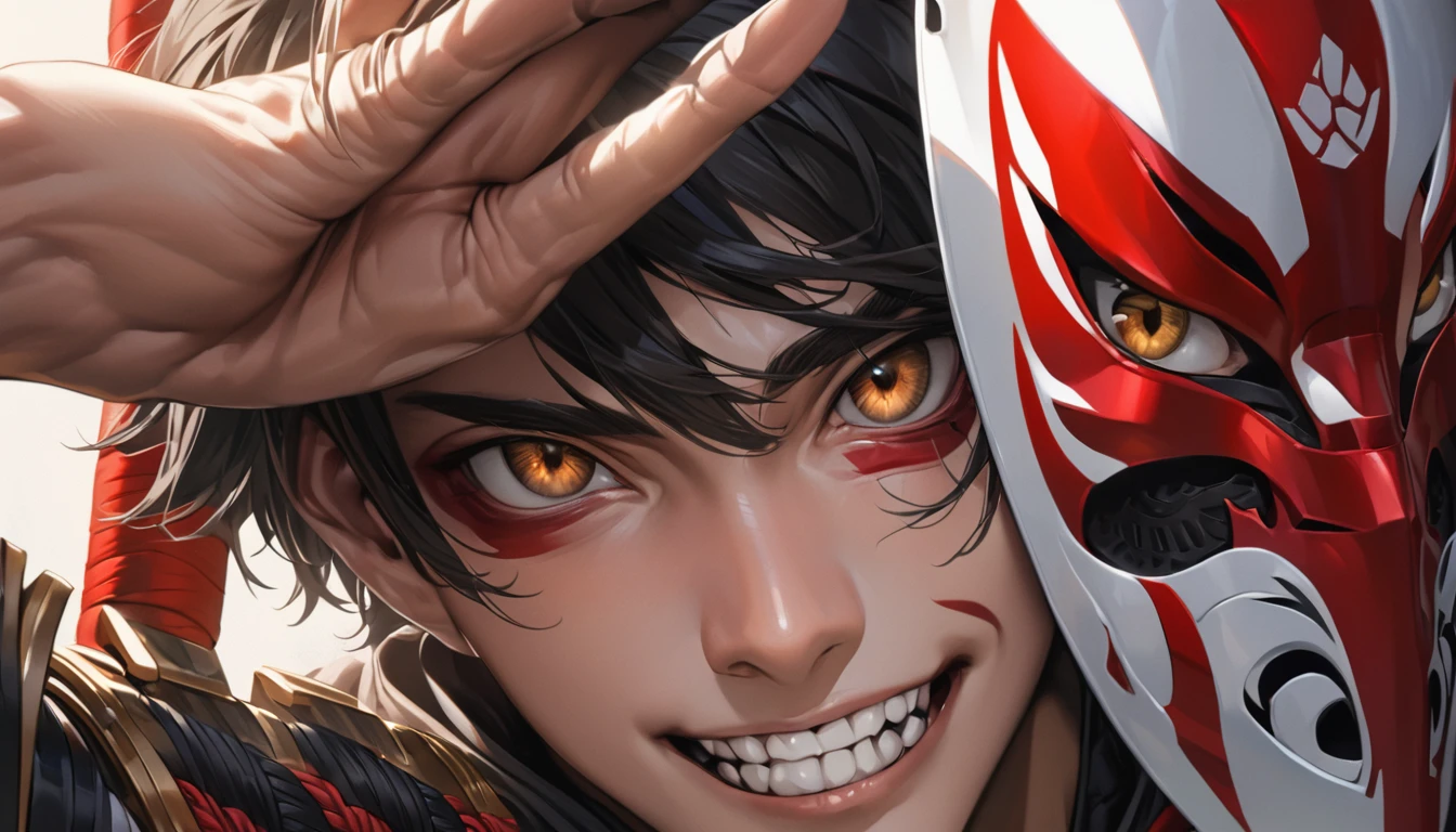 A samurai in full traditional armor, with the entire set, including the menpō (Japanese face mask), in deep crimson, The samurai is holding the menpō firmly against his face with one hand, his fierce eyes visible through the mask's slits, face shot, close-up of eyes, male, 20yo, brown eyes, hazel eyes, black hair, Smile showing teeth, classic side part, short hair, master piece, ultra detailed, hyper realistic,