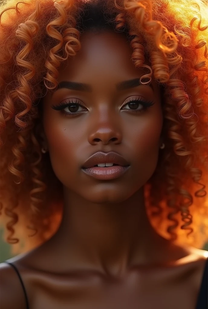 A black woman with long, voluminous,  copper-orange afro curly hair with white, blonde highlights in the hair . little rays in the hair