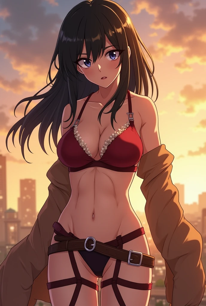 Attack on Titan anime verse, she is an extremely hot ager with big breasts and ass she wears extremely short clothes showing every detail of her body