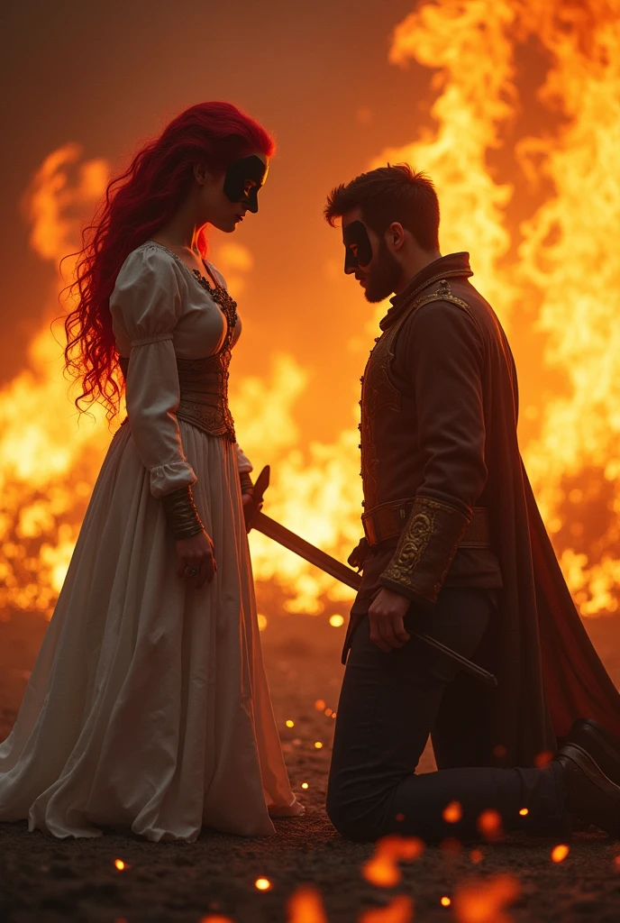 Red Princess, the brunette handsome short haired prince and both of them should be MASKED, Let fire spread around them and the princess will have a sword in her hand and will look at the prince with anger, Let them wear masks, let them be in trouble, set the ball on fire, The princess gives an angry look to the prince, and the prince kneels down and begs, Let the princess be red, LET THE PRINCESS BE RED, LET HER HAIR BE RED AND WEAR A MASK, the prince and princess should wear masks